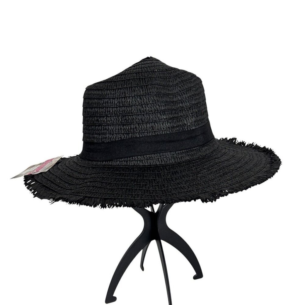 Fashion Hat Woven Fringed‎ Sun Hat Grosgrain Ribbon Band Black NWT 9037